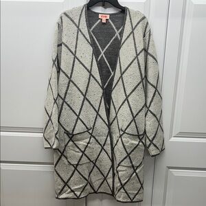 EVRI Plus Size 2X Grey White Diamond Argyle Longline Duster Cardigan Pockets